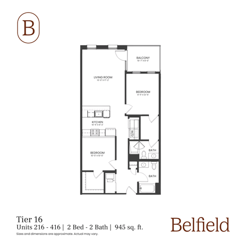 Floor plan for 2 beds, 2 baths, 945 sqft